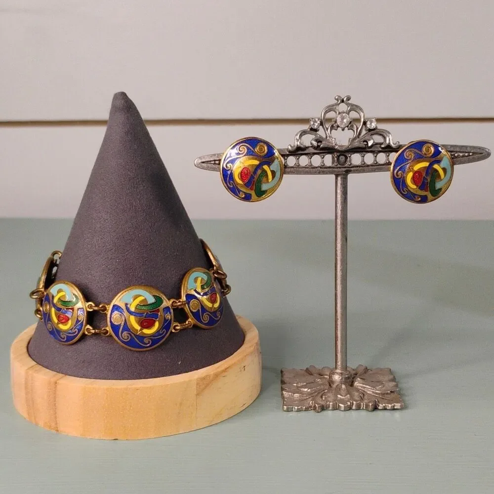 Vintage Made in Ireland Enamel/Cloisonne Bracelet & Clip-On Earrings